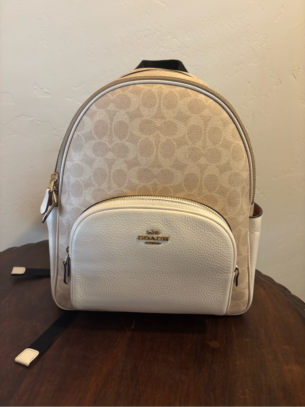 Coach Small Signature Backpack in Chalk and White and Pink Wristlet